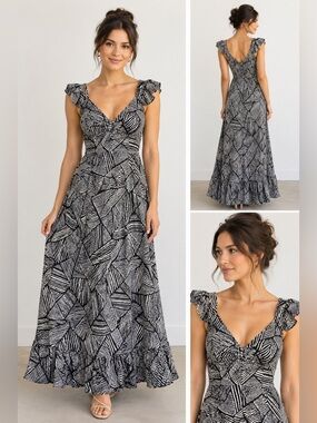 Land of the Free Black White Abstract Geometric Print Midi Dress Women's Medium